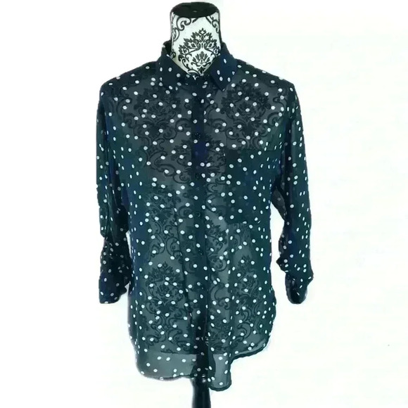 Garage Blue and White Small Polka-Dot Polo Button-Up Blouse, SP - Picture 2 of 7